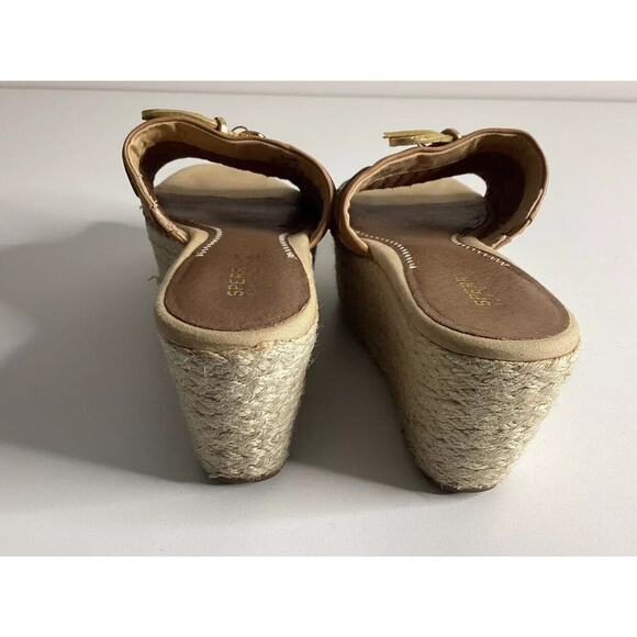 Sperry Espadrille Woman’s Tan/Brown Platform Wedges Leather Weave Gold Tone 8.5 - Picture 4 of 7